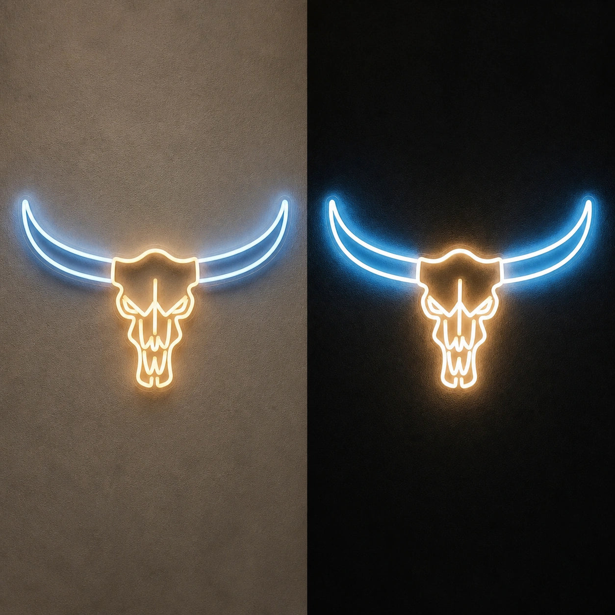 Bull Skull Long Horns Vintage LED Neon Sign day and night comparison
