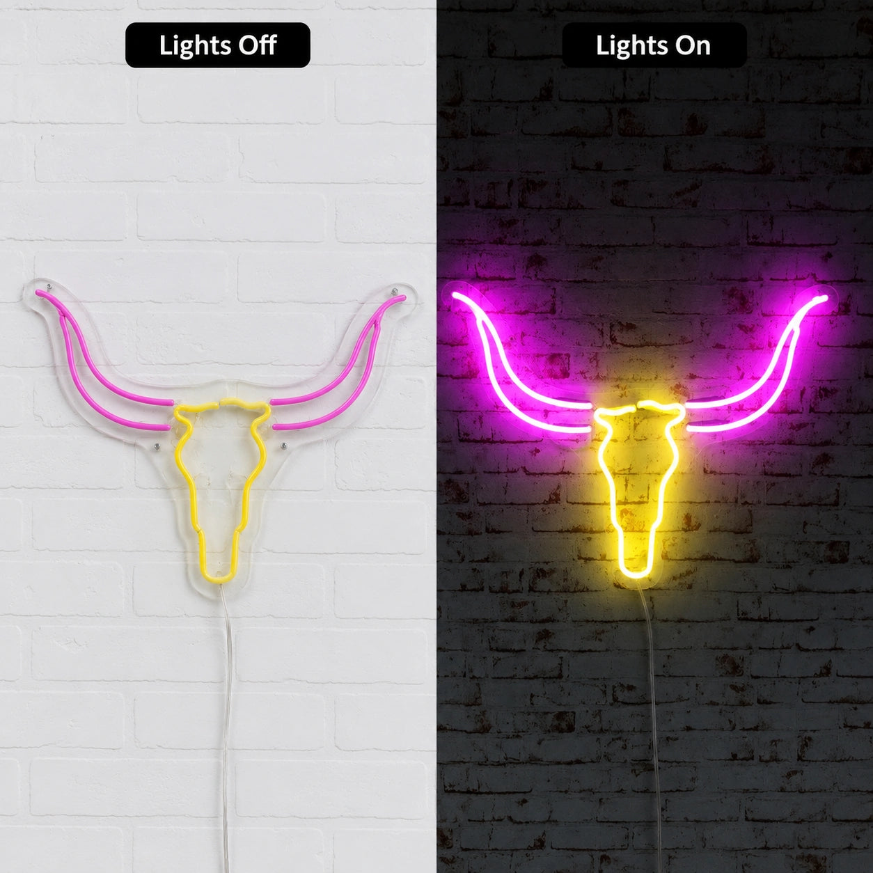 Bull Skull Neon Sign Wall Art LED Neon Sign day and night comparison