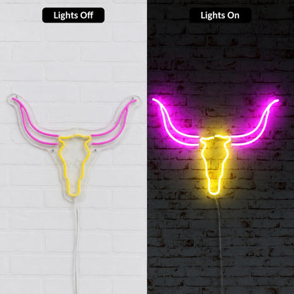Bull Skull Neon Sign Wall Art LED Neon Sign day and night comparison