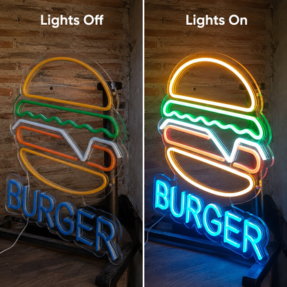 Burger LED Neon Sign Home Wall Art - 06 Day Night Comparison