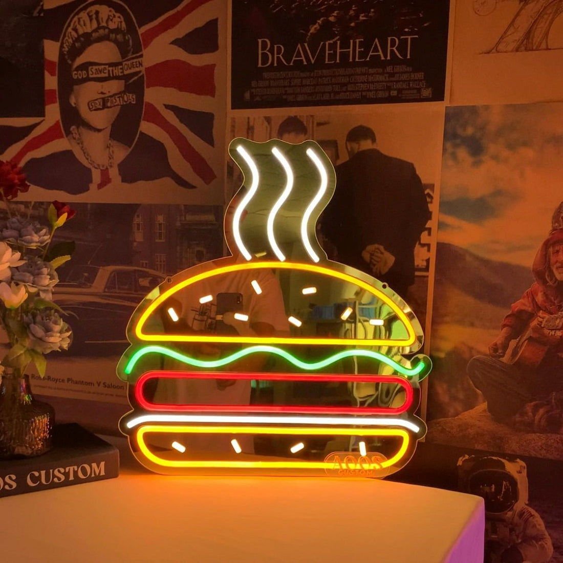 Burger Neon Sign Mounted On The Gold Mirror Led Business Sign