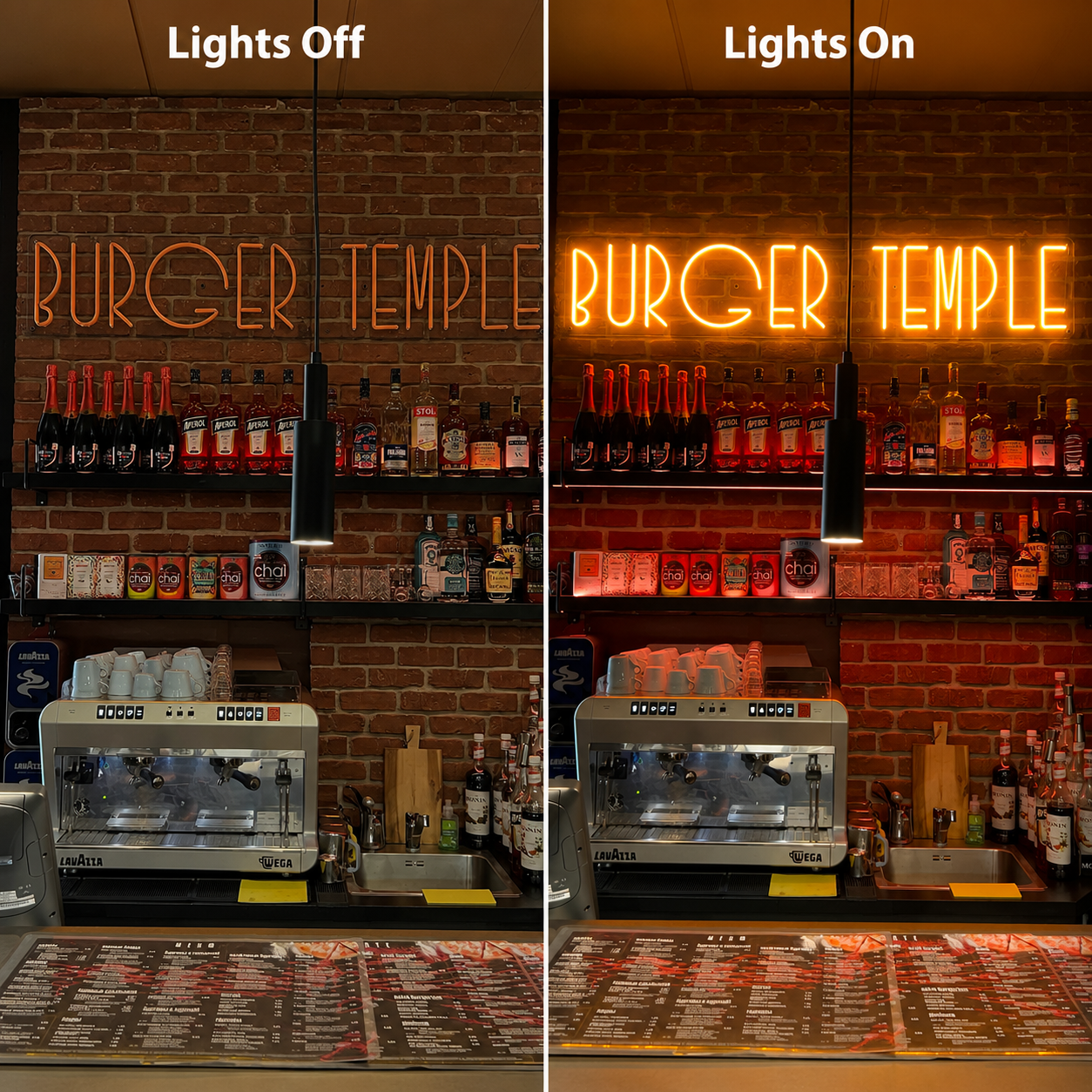 Burger Temple LED Neon Sign - 06 Day Night Comparison