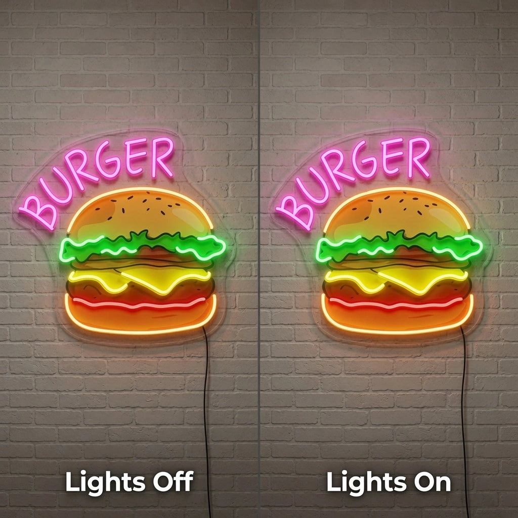 Burger Wall Art LED Neon Sign - 06 Day Night Comparison