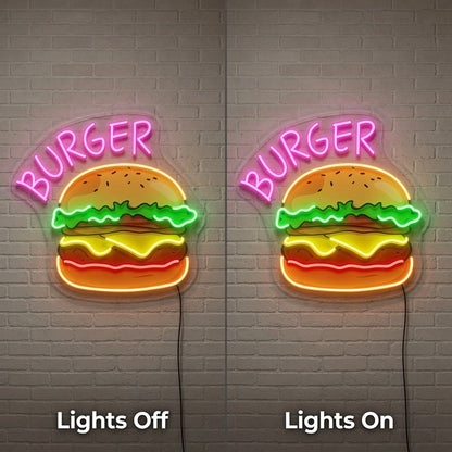 Burger Wall Art LED Neon Sign - 06 Day Night Comparison