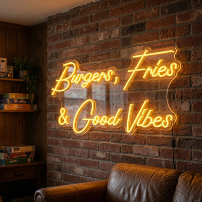 Burgers Fries And Good Vibes Wall Decor LED Neon Sign - 03 Real Lifestyle Scene