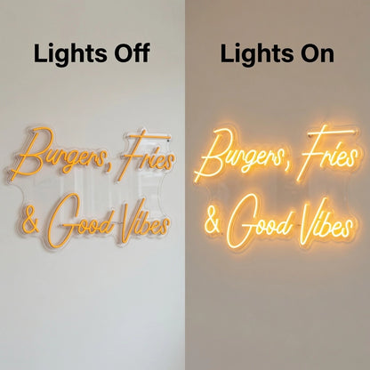 Burgers Fries And Good Vibes Wall Decor LED Neon Sign - 06 Day Night Comparison