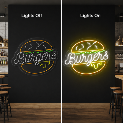 Burgers LED Neon Sign - 06 Day Night Comparison