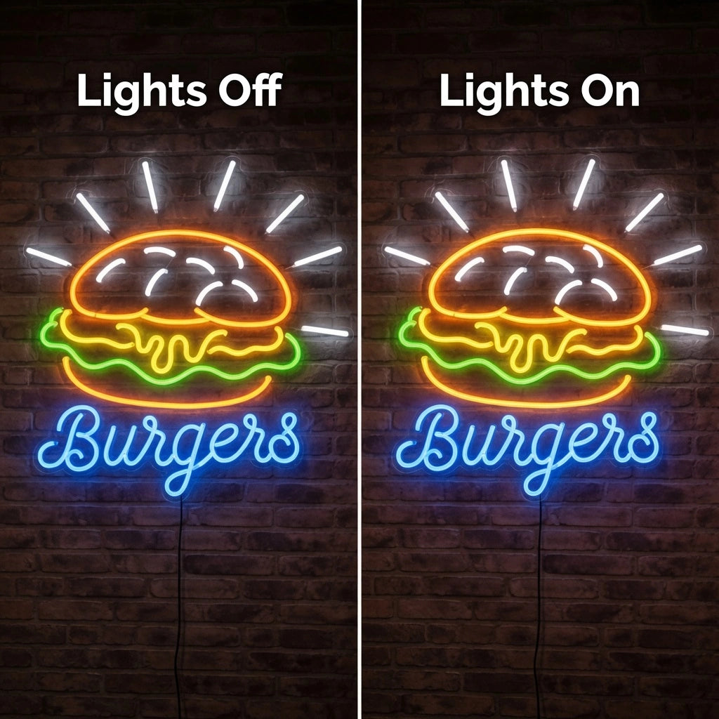 Burgers Room Decor LED Neon Sign - 06 Day Night Comparison
