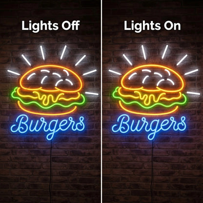 Burgers Room Decor LED Neon Sign - 06 Day Night Comparison