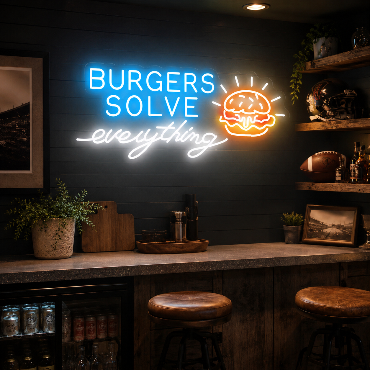 Burgers Solve Everything LED Neon Sign - 03 Real Lifestyle Scene