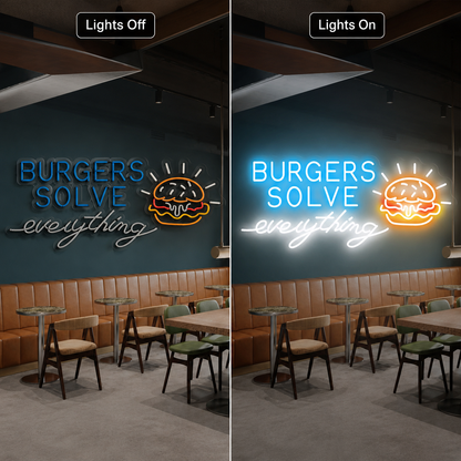 Burgers Solve Everything LED Neon Sign - 06 Day Night Comparison