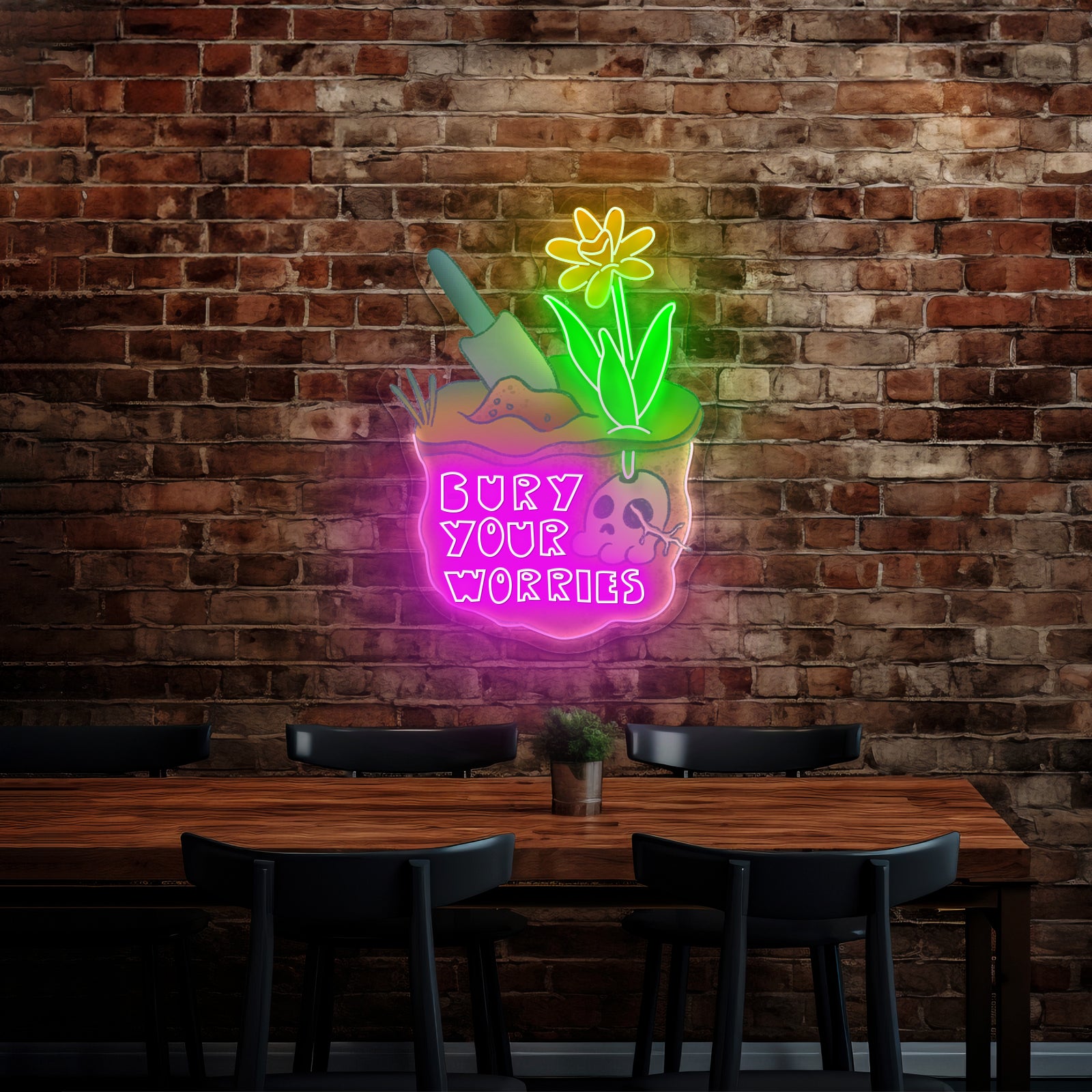 Bury Your Worries Skull Plant Neon Signs