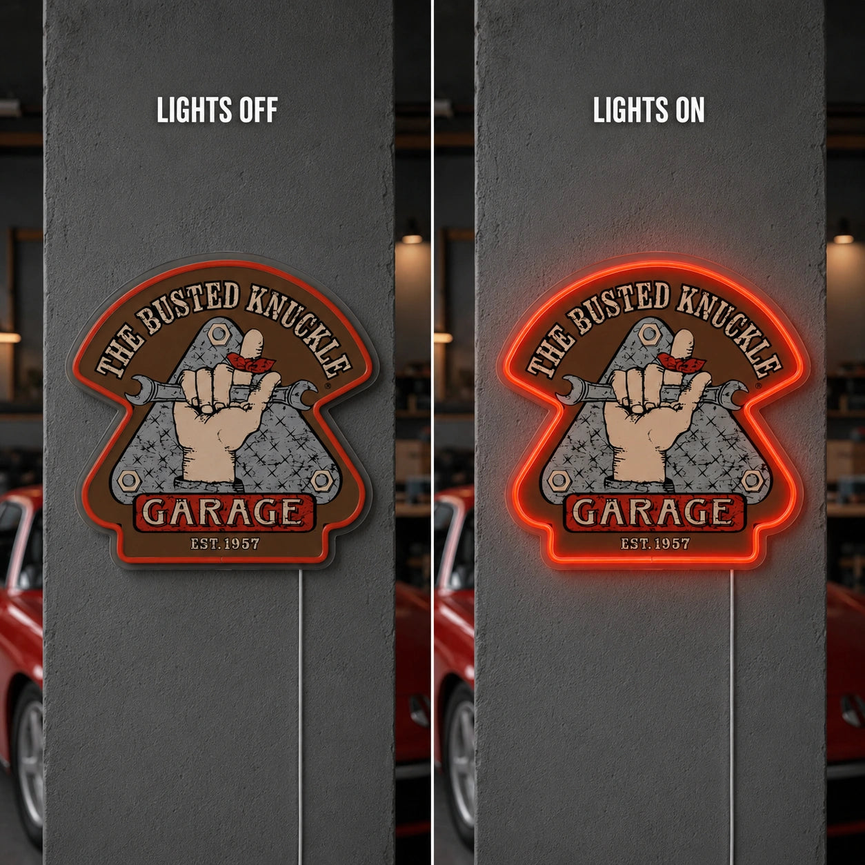 Busted Knuckle Garage Neon Sign LED Neon Sign day and night comparison
