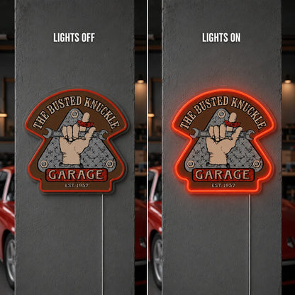 Busted Knuckle Garage Neon Sign LED Neon Sign day and night comparison