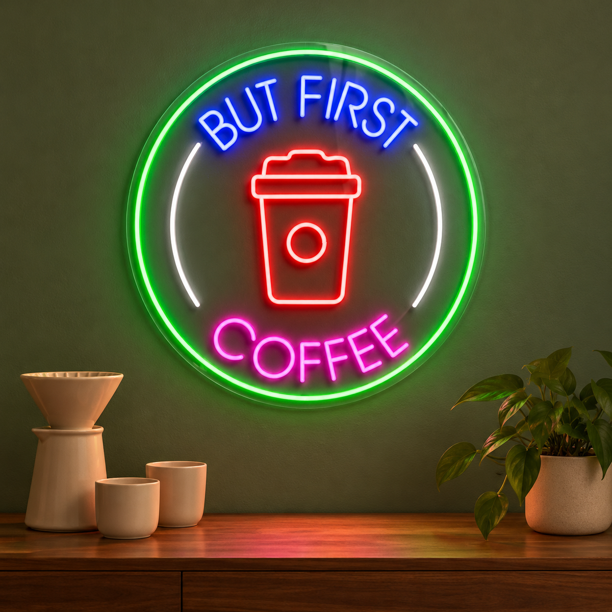 But First Coffee Circle Cup LED Neon Sign