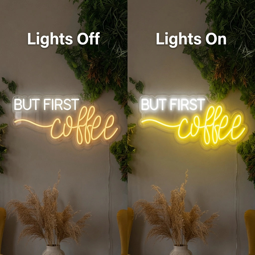 But First Coffee Interior Wall Decor LED Neon Sign - 06 Day Night Comparison