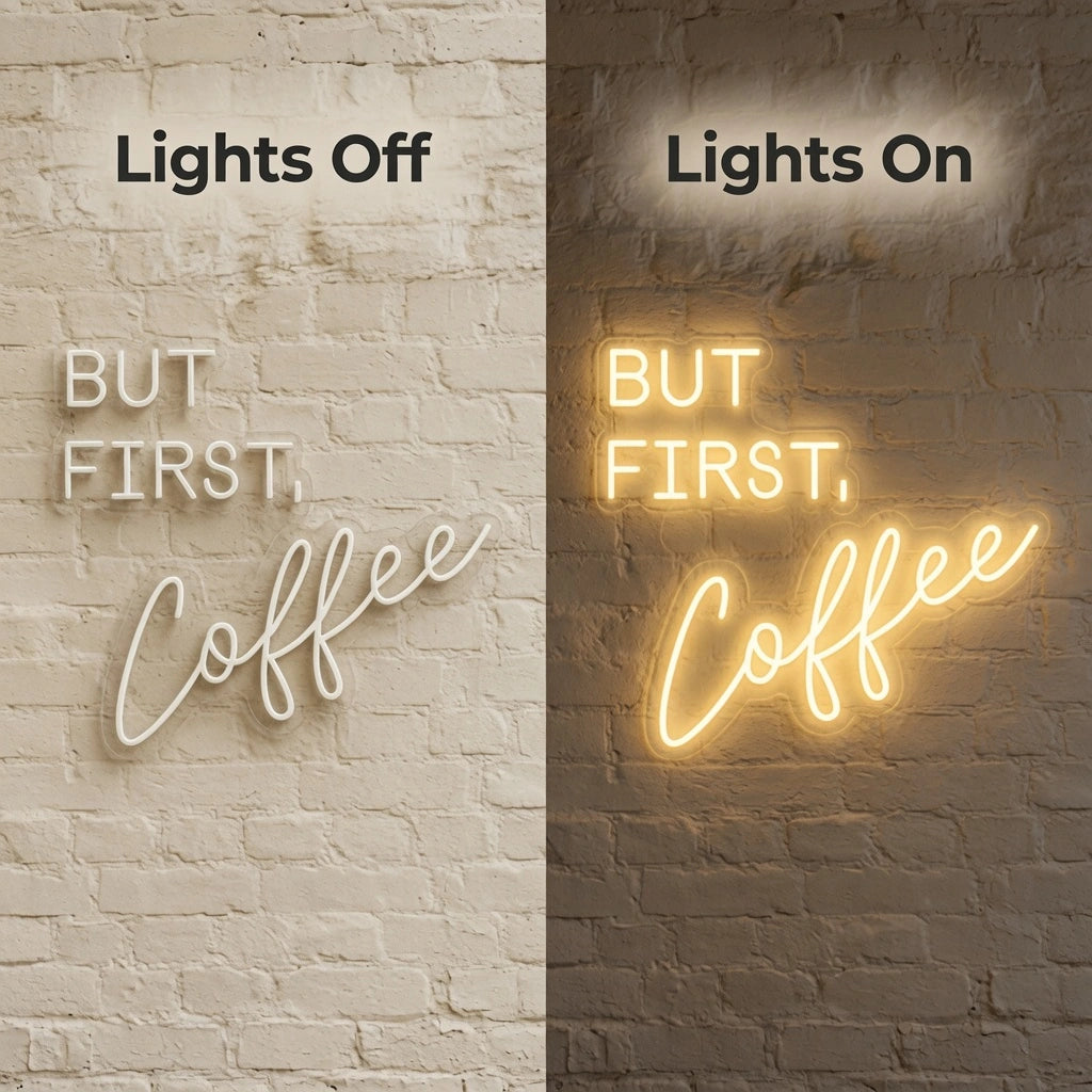 But First Coffee On A Brick Wall Decor LED Neon Sign - 06 Day Night Comparison
