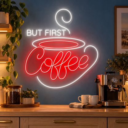 But First Coffee Steaming Cup LED Neon Sign