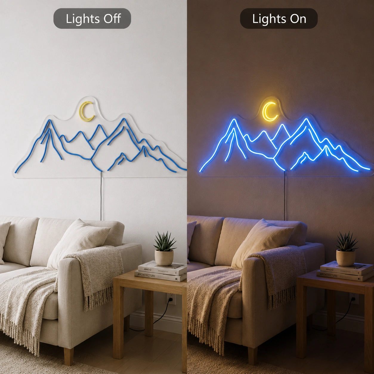 Cabin Moon Mountain Neon Sign LED Neon Sign day and night comparison