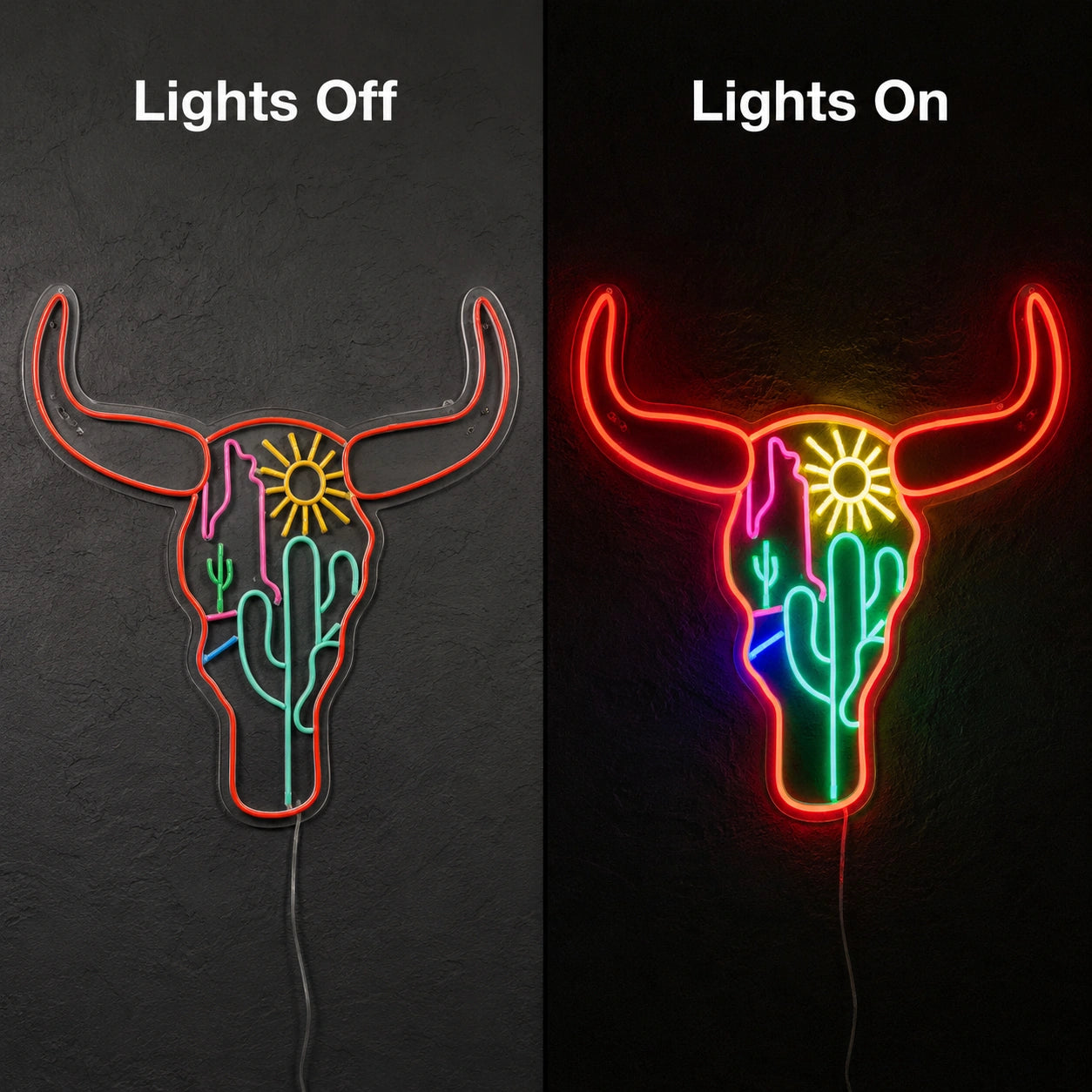 Cactus Bull Skull Neon Sign LED Neon Sign day and night comparison