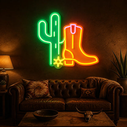 Cactus Cowboy Boot Spur Vintage LED Neon Sign real lifestyle scene