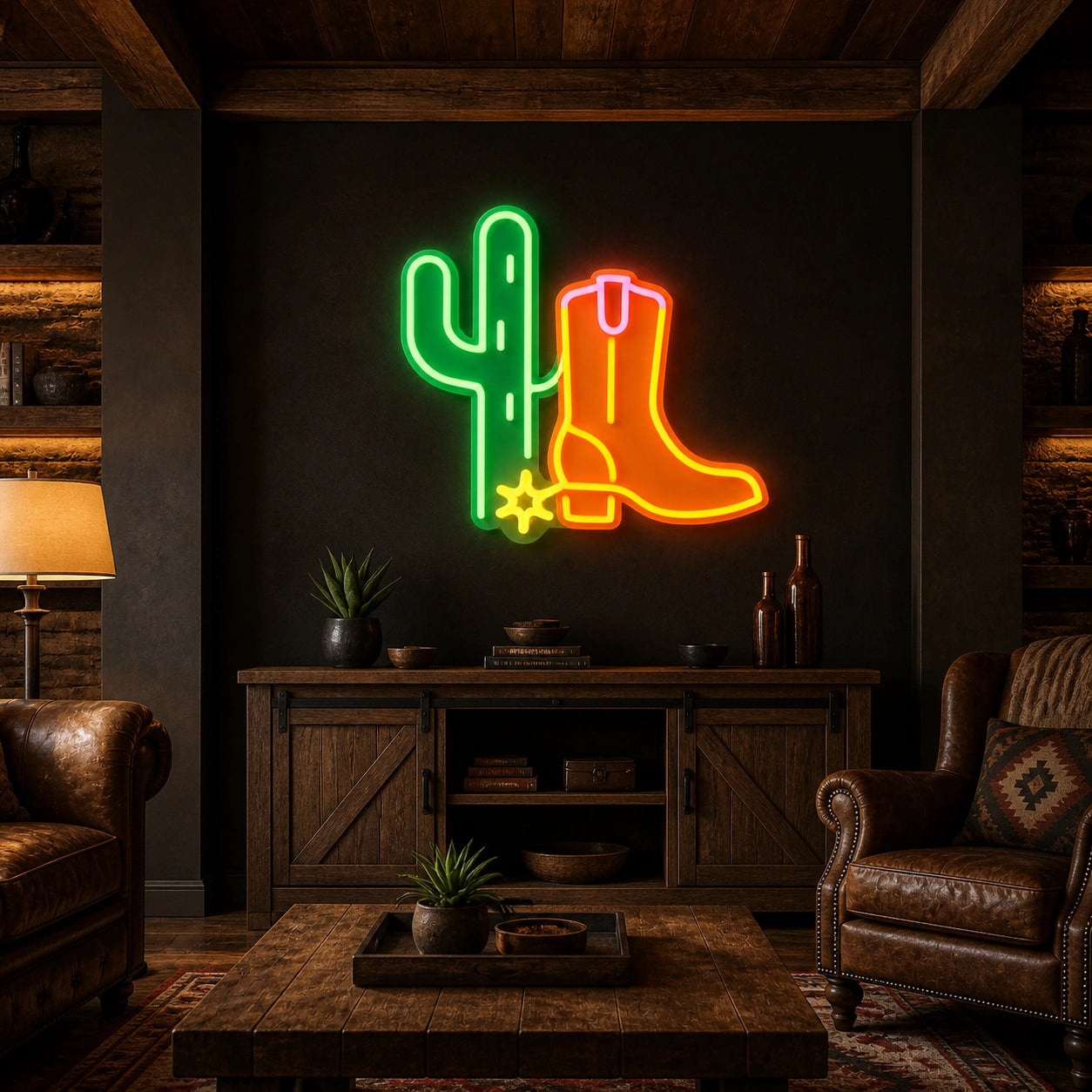 Cactus Cowboy Boot Spur Vintage LED Neon Sign size image