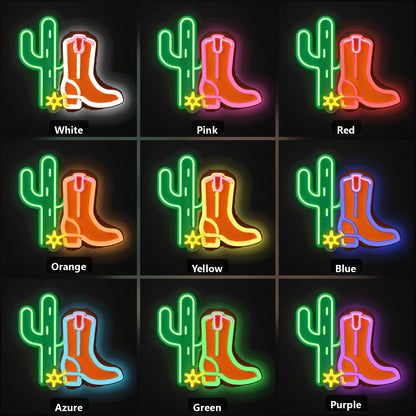 Cactus Cowboy Boot Spur Vintage LED Neon Sign color grid