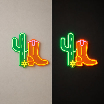 Cactus Cowboy Boot Spur Vintage LED Neon Sign day and night comparison