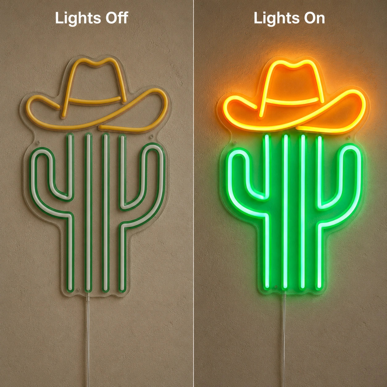 Cactus Cowboy Hat LED Neon Sign day and night comparison