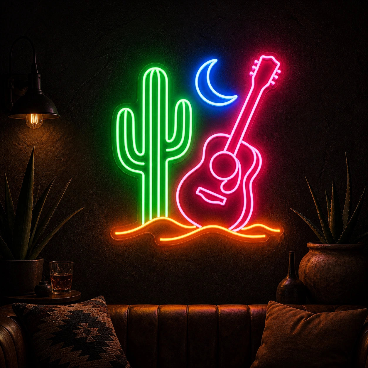 Cactus Crescent Moon Acoustic Guitar Vintage LED Neon Sign high-converting product image