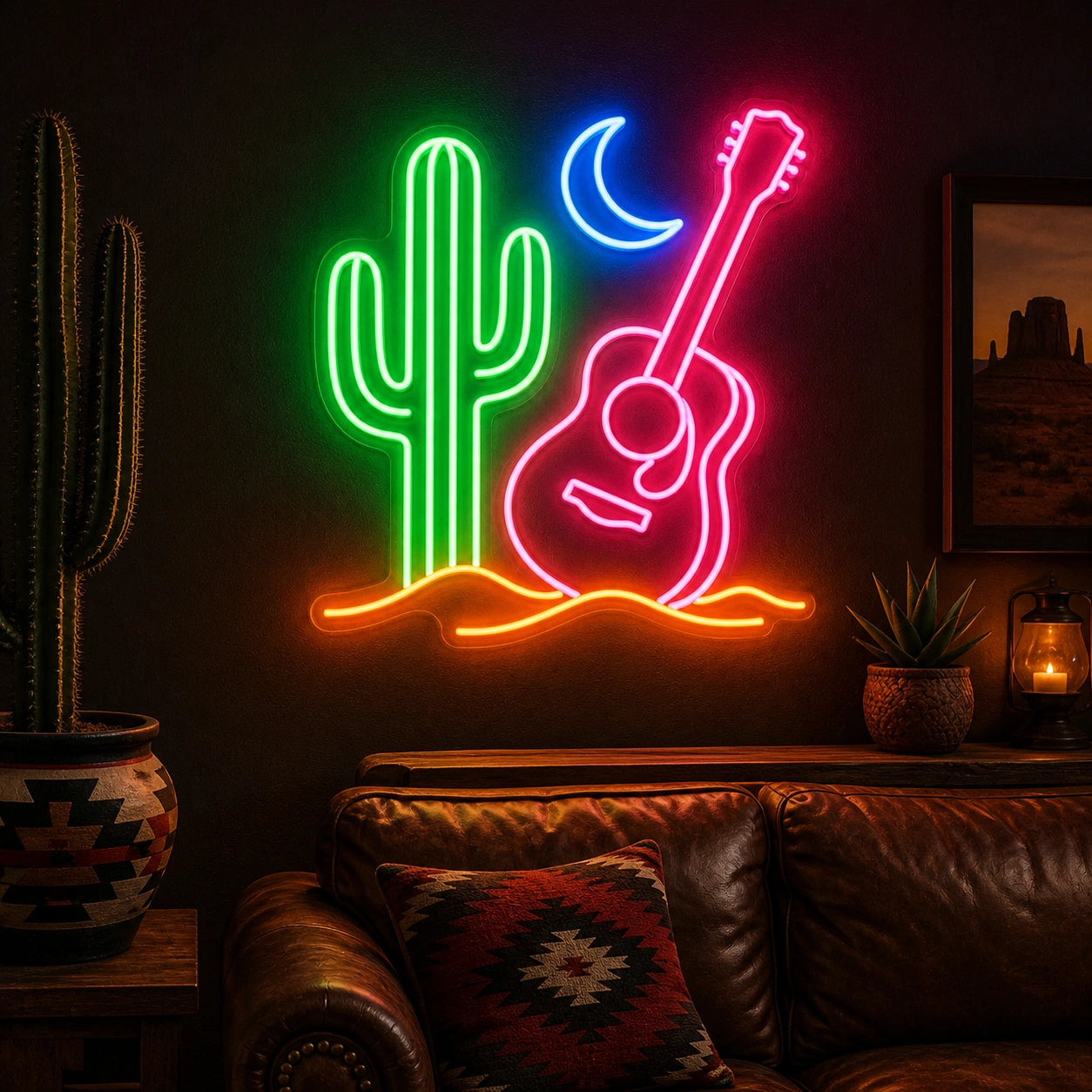 Cactus Crescent Moon Acoustic Guitar Vintage LED Neon Sign real lifestyle scene