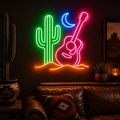 Cactus Crescent Moon Acoustic Guitar Vintage LED Neon Sign real lifestyle scene