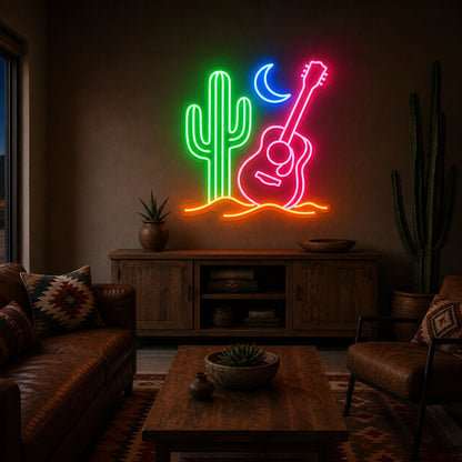 Cactus Crescent Moon Acoustic Guitar Vintage LED Neon Sign size image