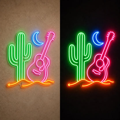 Cactus Crescent Moon Acoustic Guitar Vintage LED Neon Sign day and night comparison