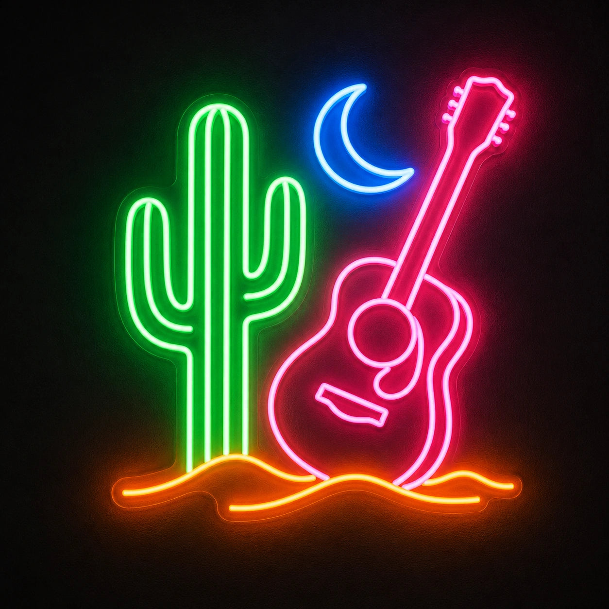 Cactus Crescent Moon Acoustic Guitar Vintage LED Neon Sign main product image