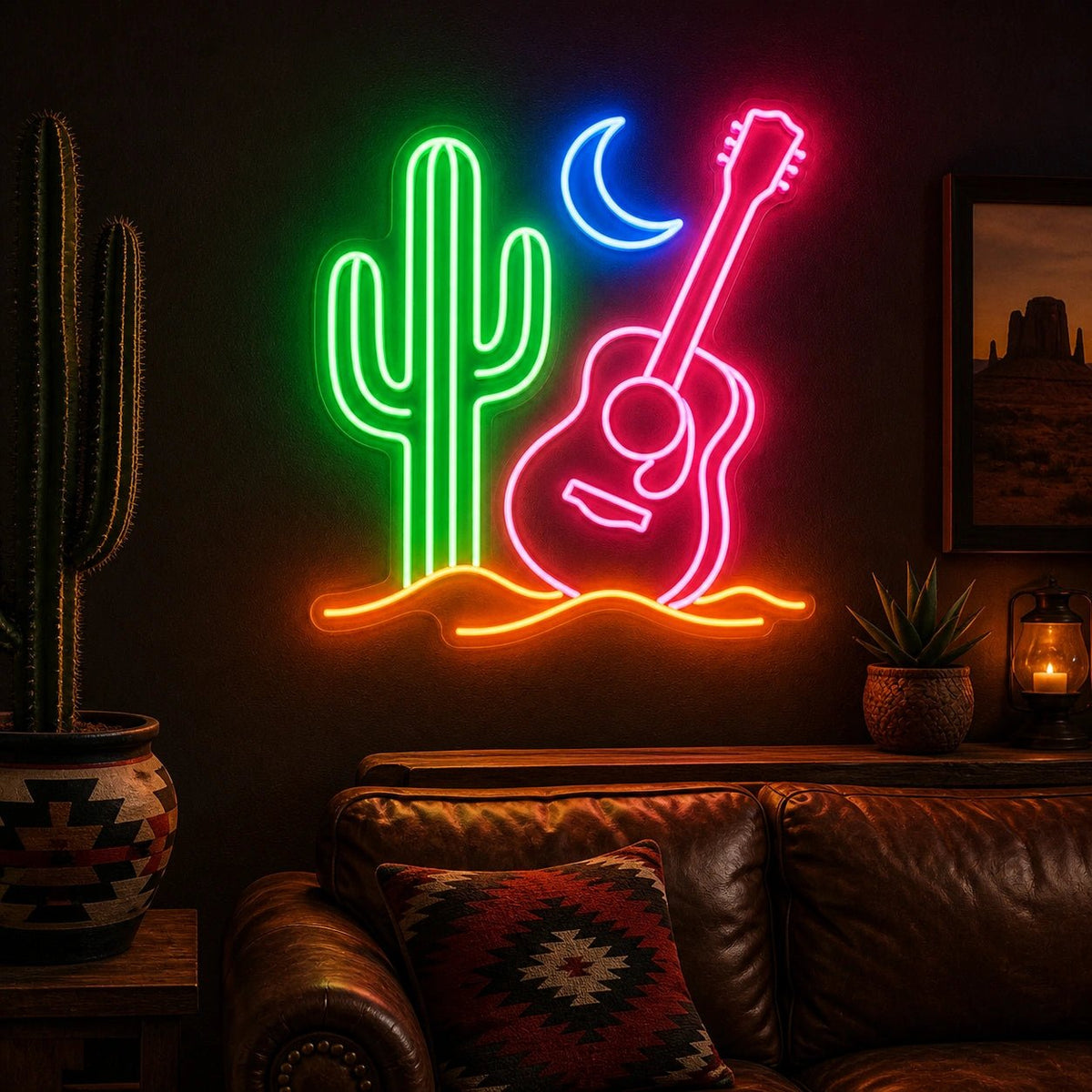 Cactus Crescent Moon Acoustic Guitar Vintage LED Neon Sign - Shineneon