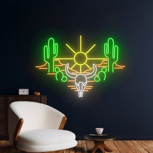 Cactus Desert Sun Horn Bull Neon Sign