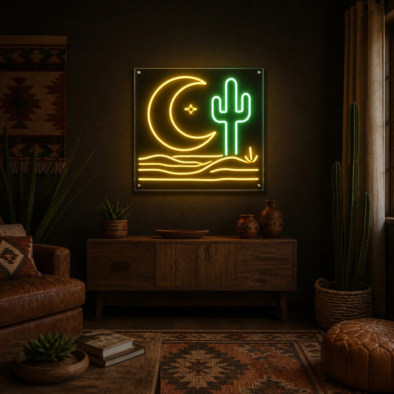 Cactus Moon Western Vintage LED Neon Sign size image