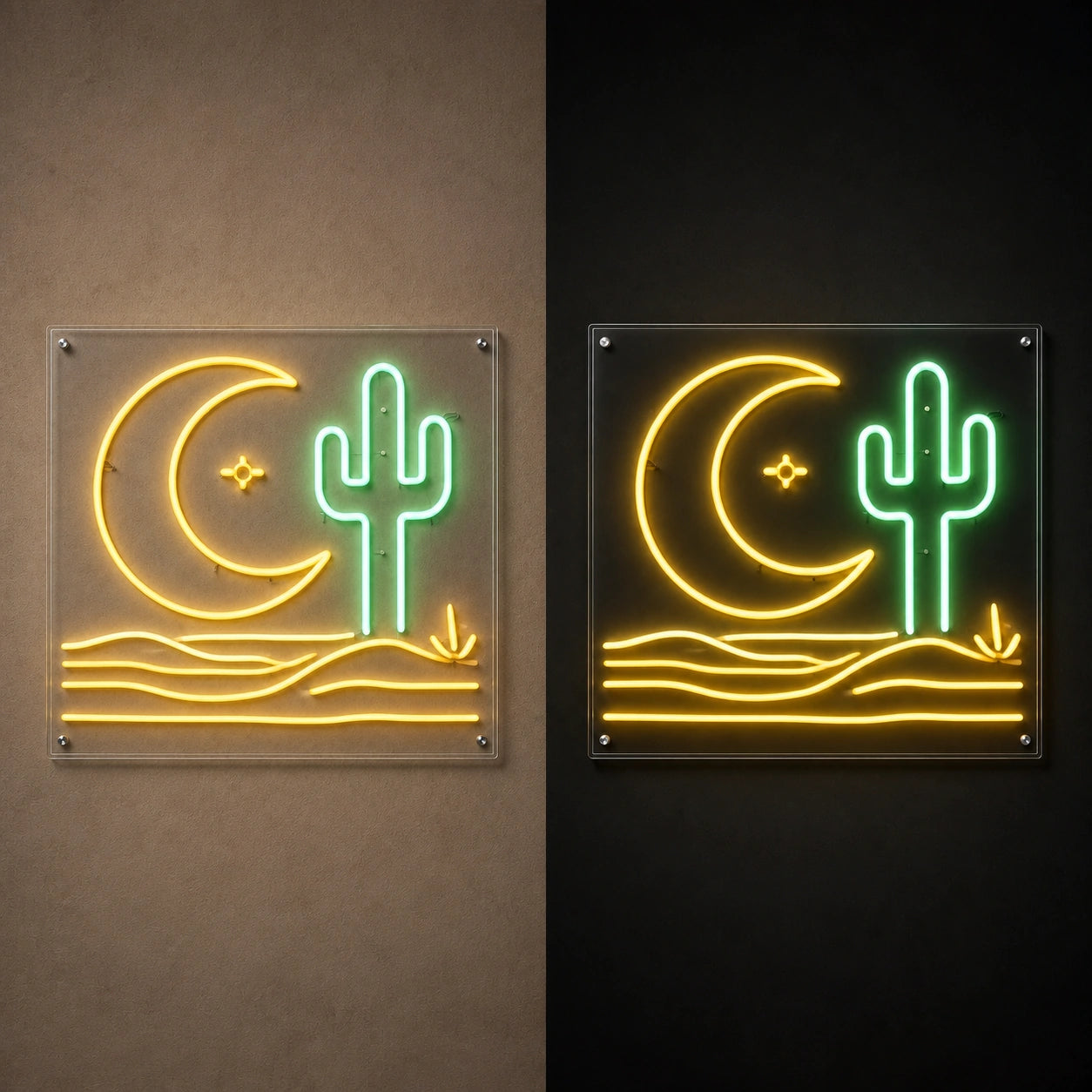 Cactus Moon Western Vintage LED Neon Sign day and night comparison
