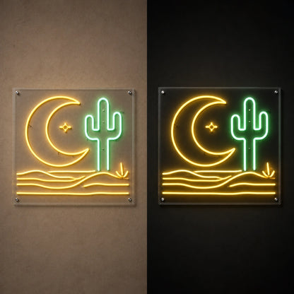 Cactus Moon Western Vintage LED Neon Sign day and night comparison