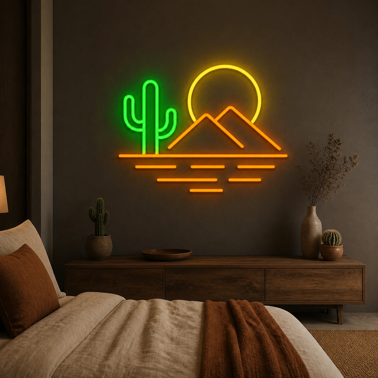 Cactus Mountain Bedroom Vintage LED Neon Sign real lifestyle scene