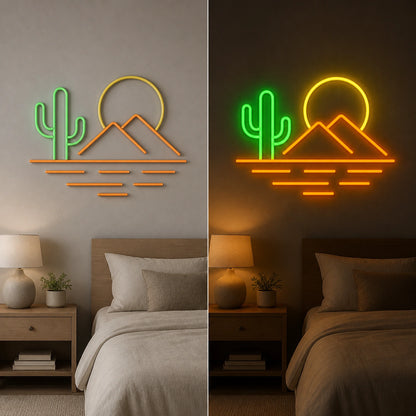 Cactus Mountain Bedroom Vintage LED Neon Sign day and night comparison