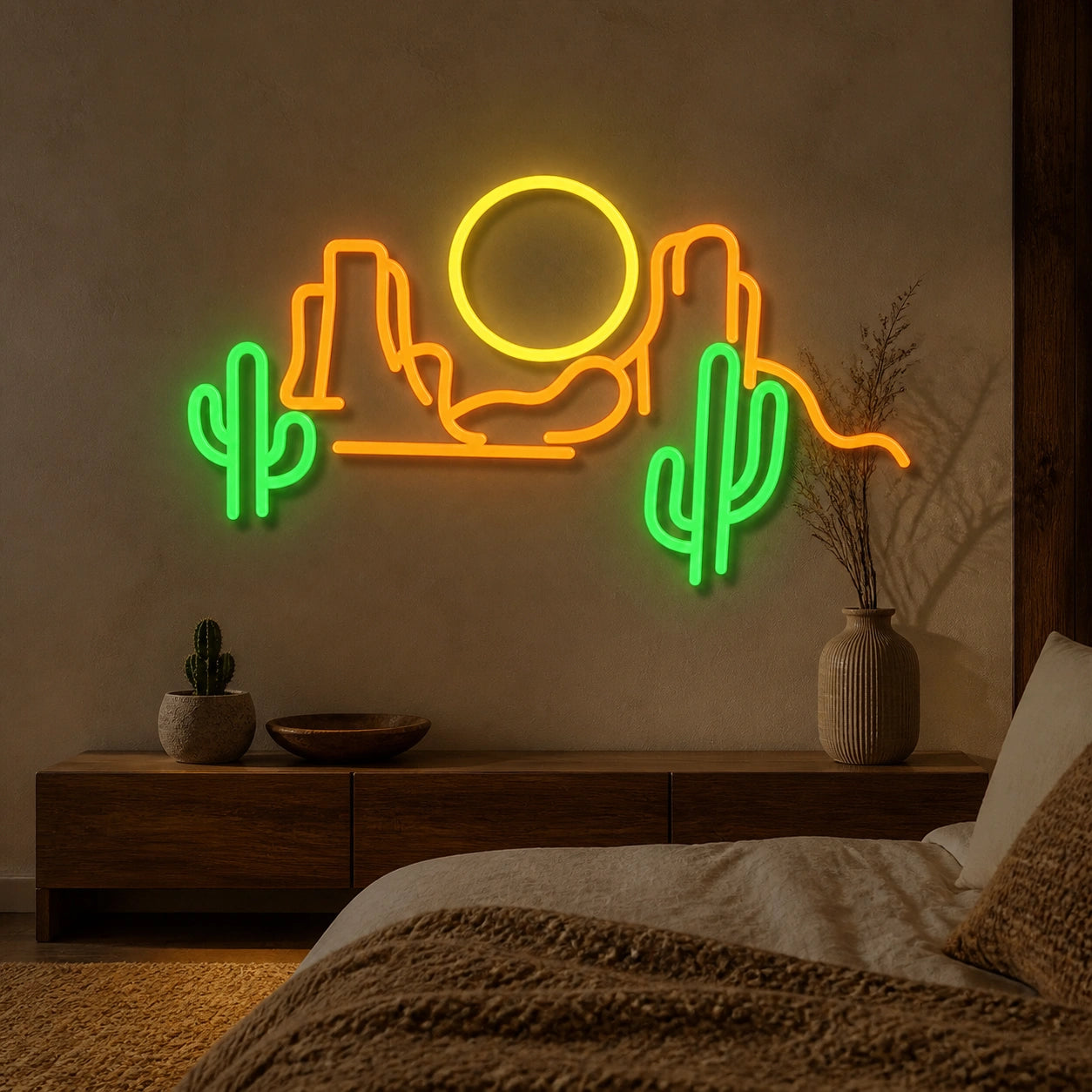 Cactus Mountain Sunrise Tiled Wall Vintage LED Neon Sign real lifestyle scene