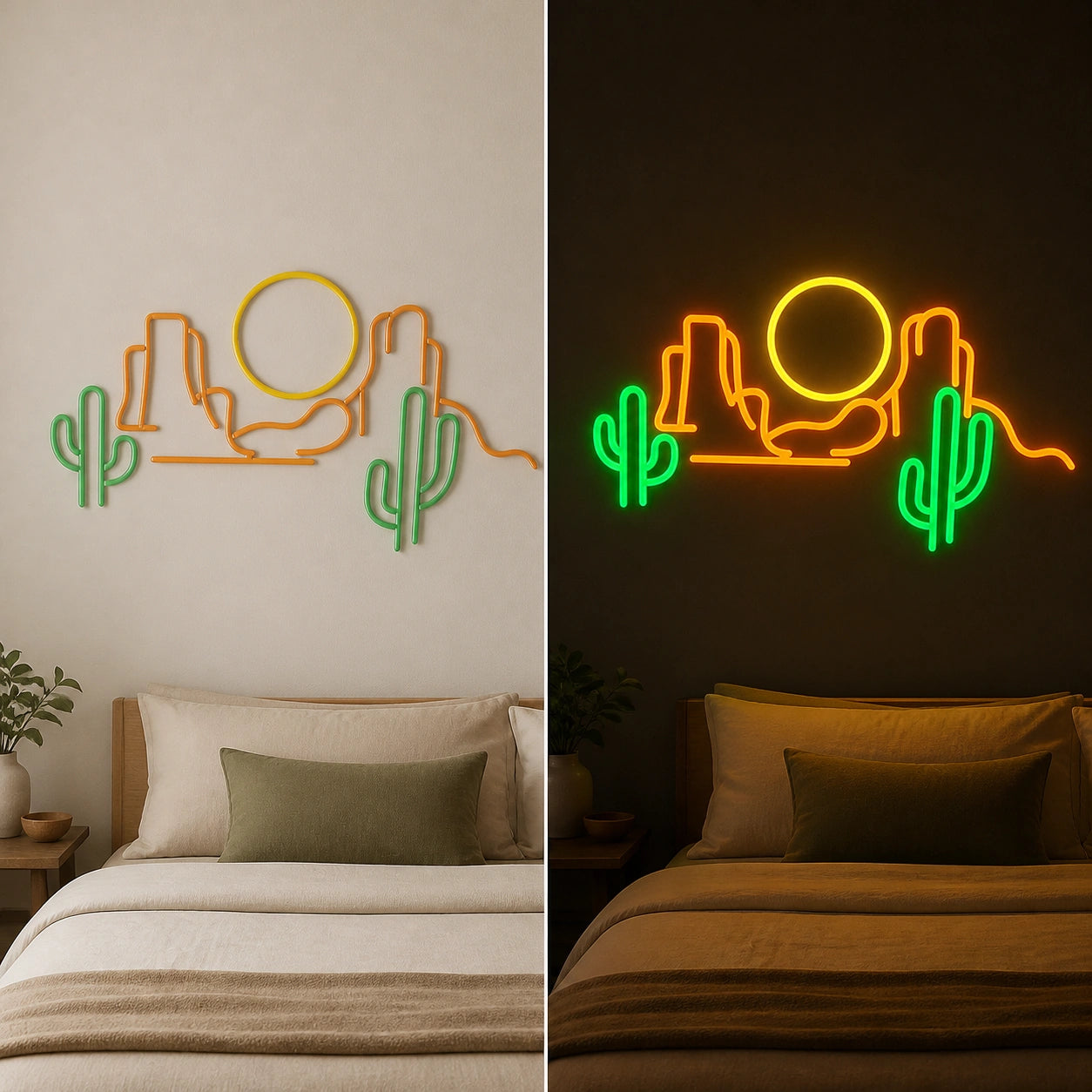 Cactus Mountain Sunrise Tiled Wall Vintage LED Neon Sign day and night comparison