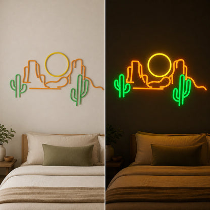 Cactus Mountain Sunrise Tiled Wall Vintage LED Neon Sign day and night comparison