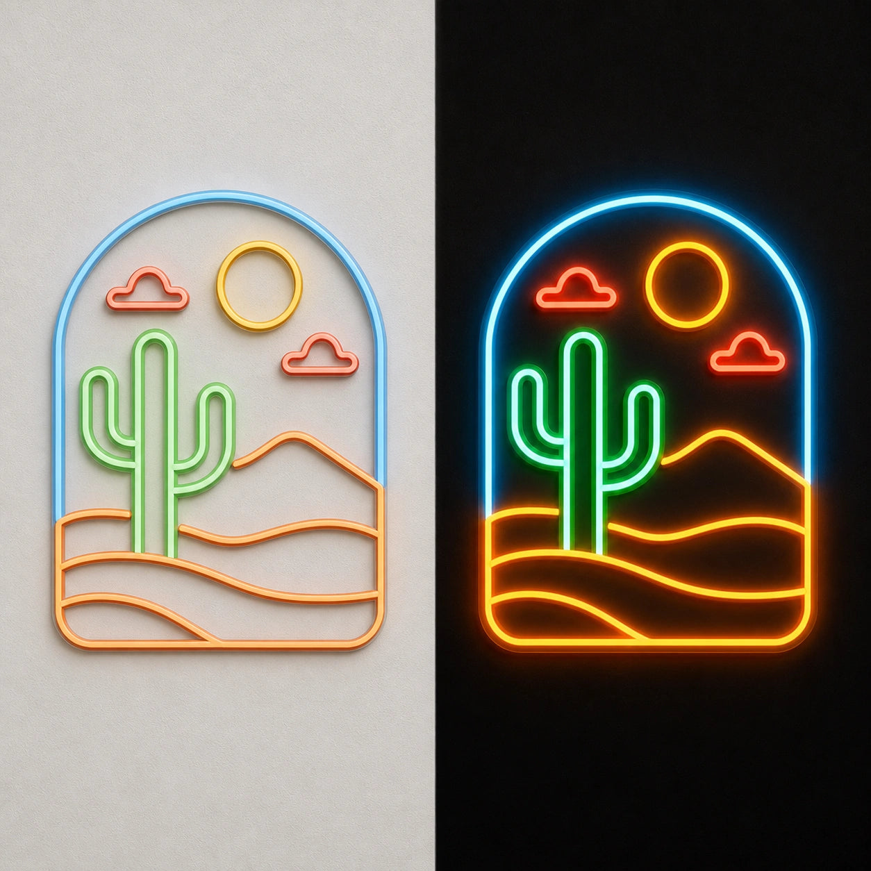 Cactus Sun Saloon Vintage LED Neon Sign day and night comparison