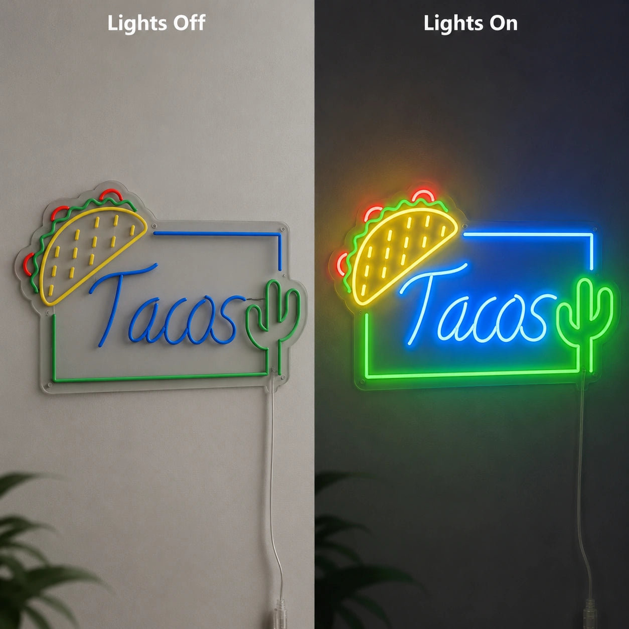 Cactus Taco Neon Sign LED Neon Sign day and night comparison