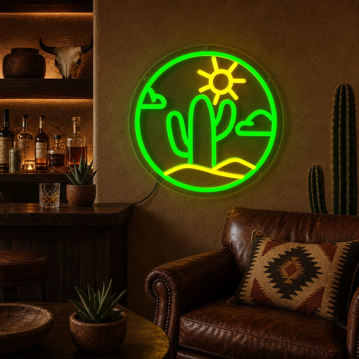 Cactus With Sun And Clouds Circle LED Neon Sign high-converting product image