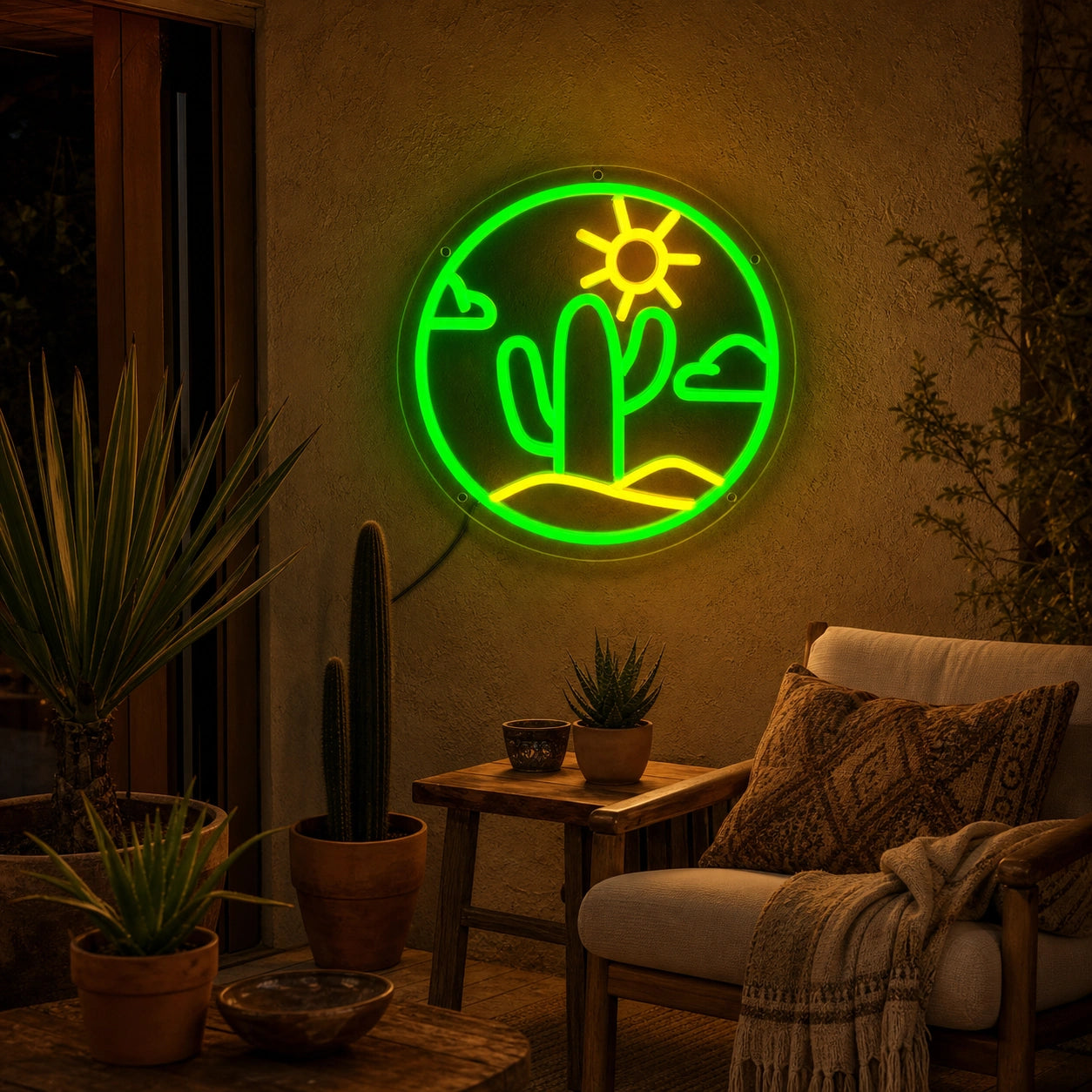 Cactus With Sun And Clouds Circle LED Neon Sign real lifestyle scene