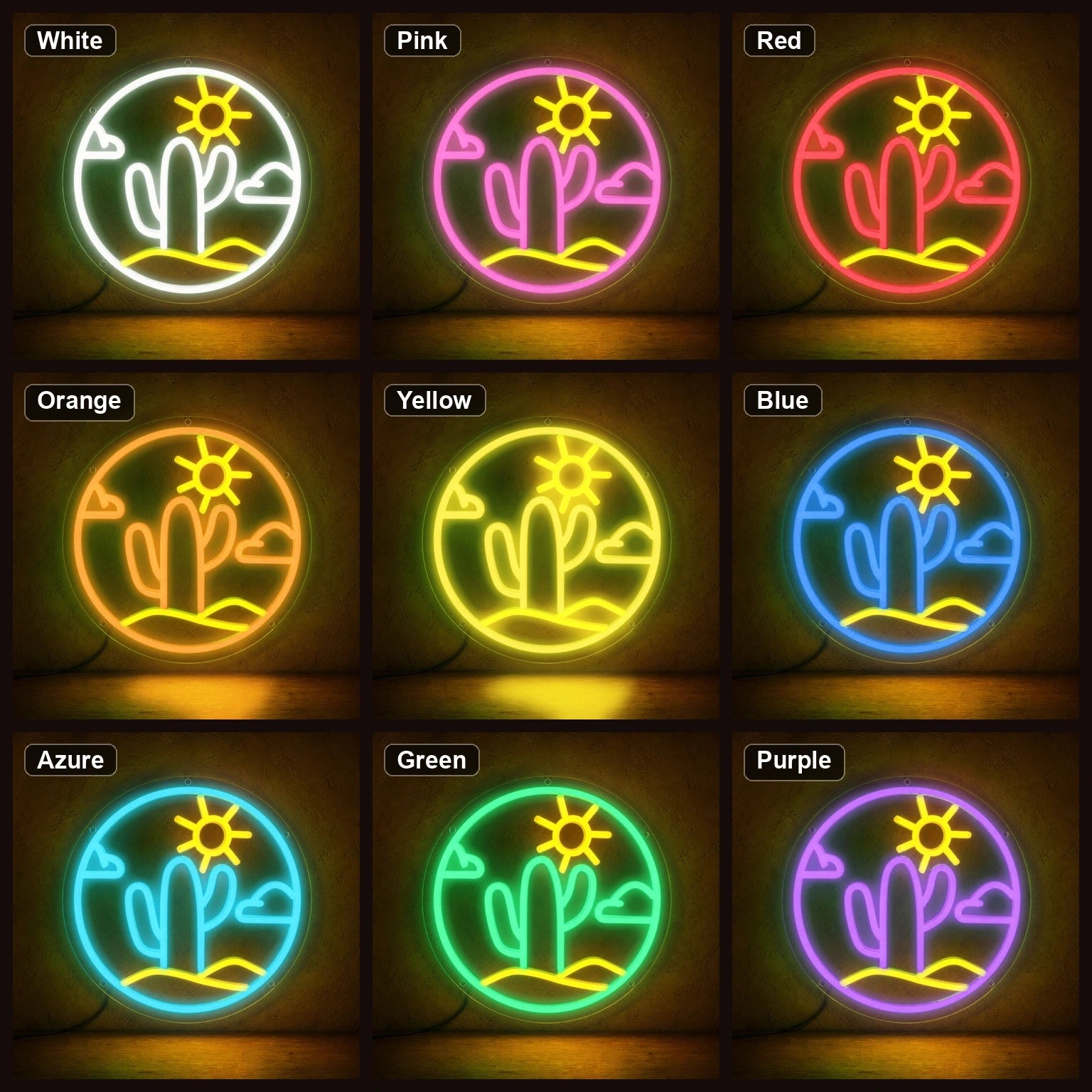 Cactus With Sun And Clouds Circle LED Neon Sign color grid